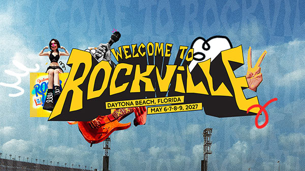 Promotional graphic for Welcome to Rockville 2027 featuring the festival logo with illustrated rock music elements, including a guitar, hand gestures, and festival-themed artwork. Text reads: “Welcome to Rockville, Daytona Beach, Florida, May 6–9, 2027.